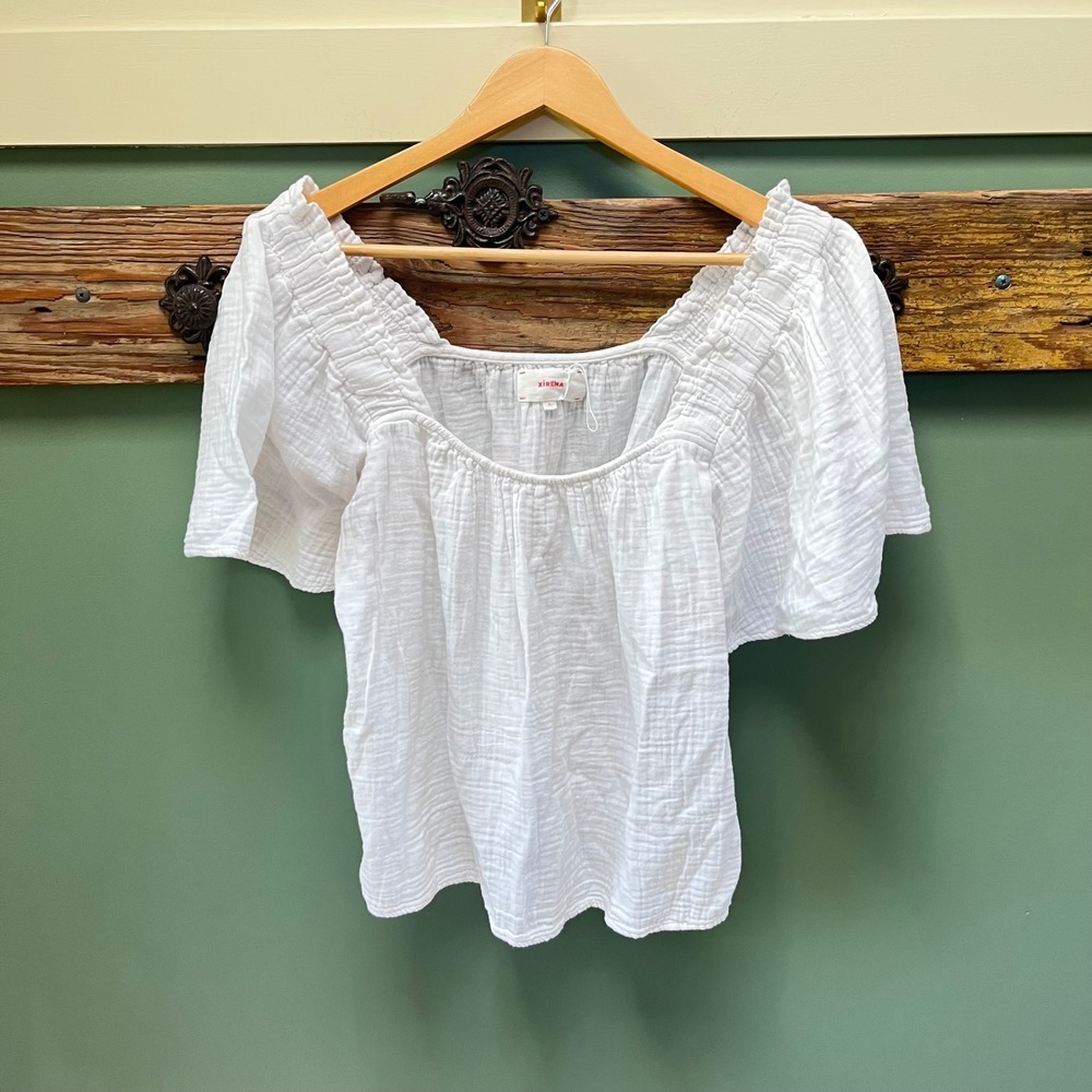 Xirena White Lou Cotton Gauze Smocked Square Neck Flutter Sleeve Top Large boho